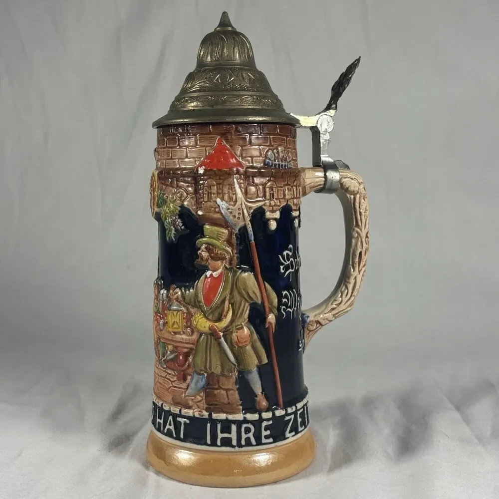 W. Gehmann German Beer Stein Pewter Lid Castle Scene Gute Zeitvertreiber